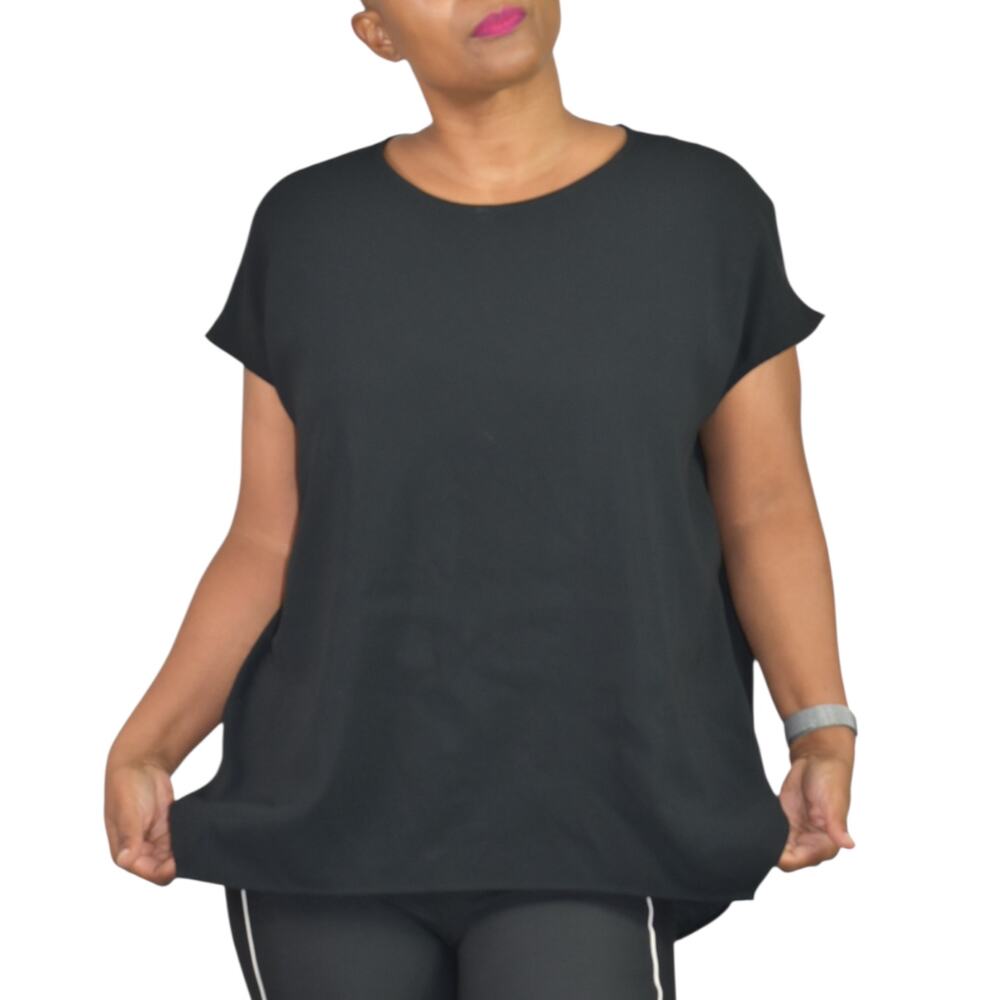 MM LaFleur Didion Top Black Crepe Drape Boxy Short Cap Sleeve Blouse USA Large